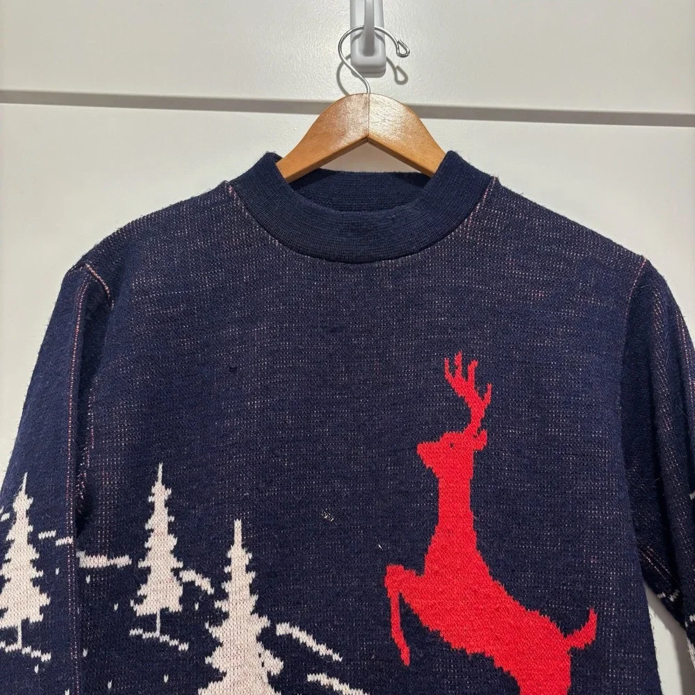Alps Knitmeisters Vintage Ugly Christmas‎ Sweater Navy Red Deer Trees Women M